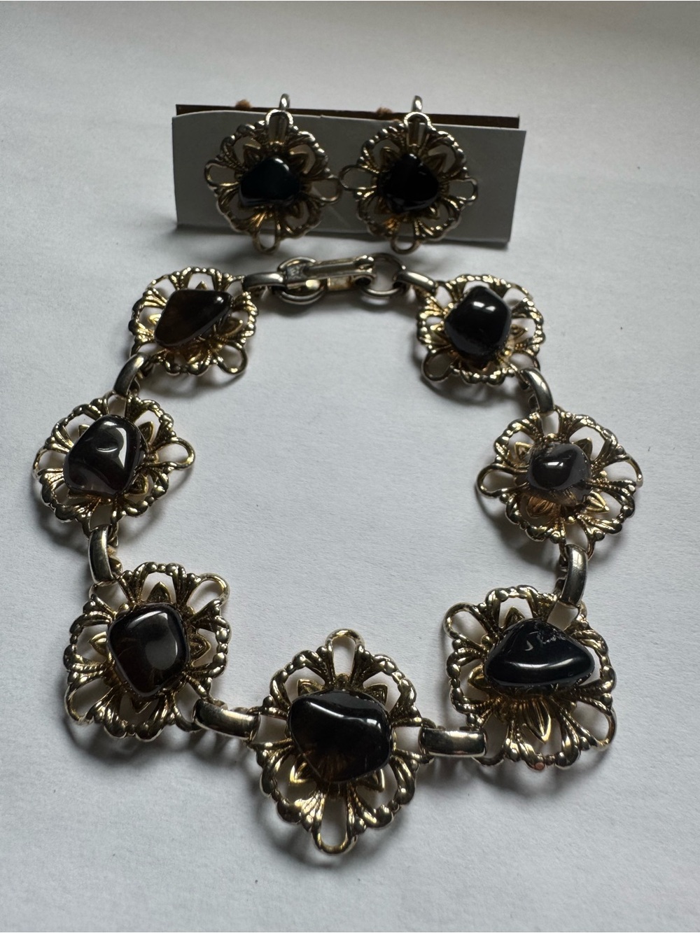 Vintage Gold tone and Smokey Stones Floral Link Bracelet with Matching Earrings